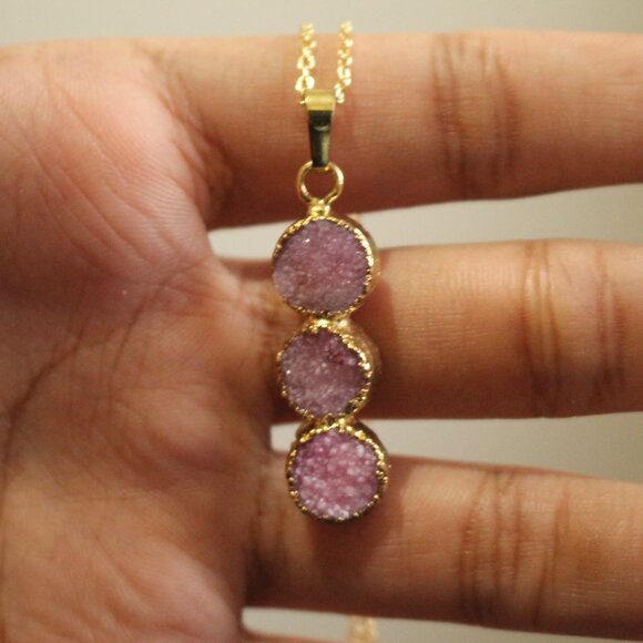 Pink Triple Druzy Stone Pendant Necklace – Gold Trim - Picture 2 of 3